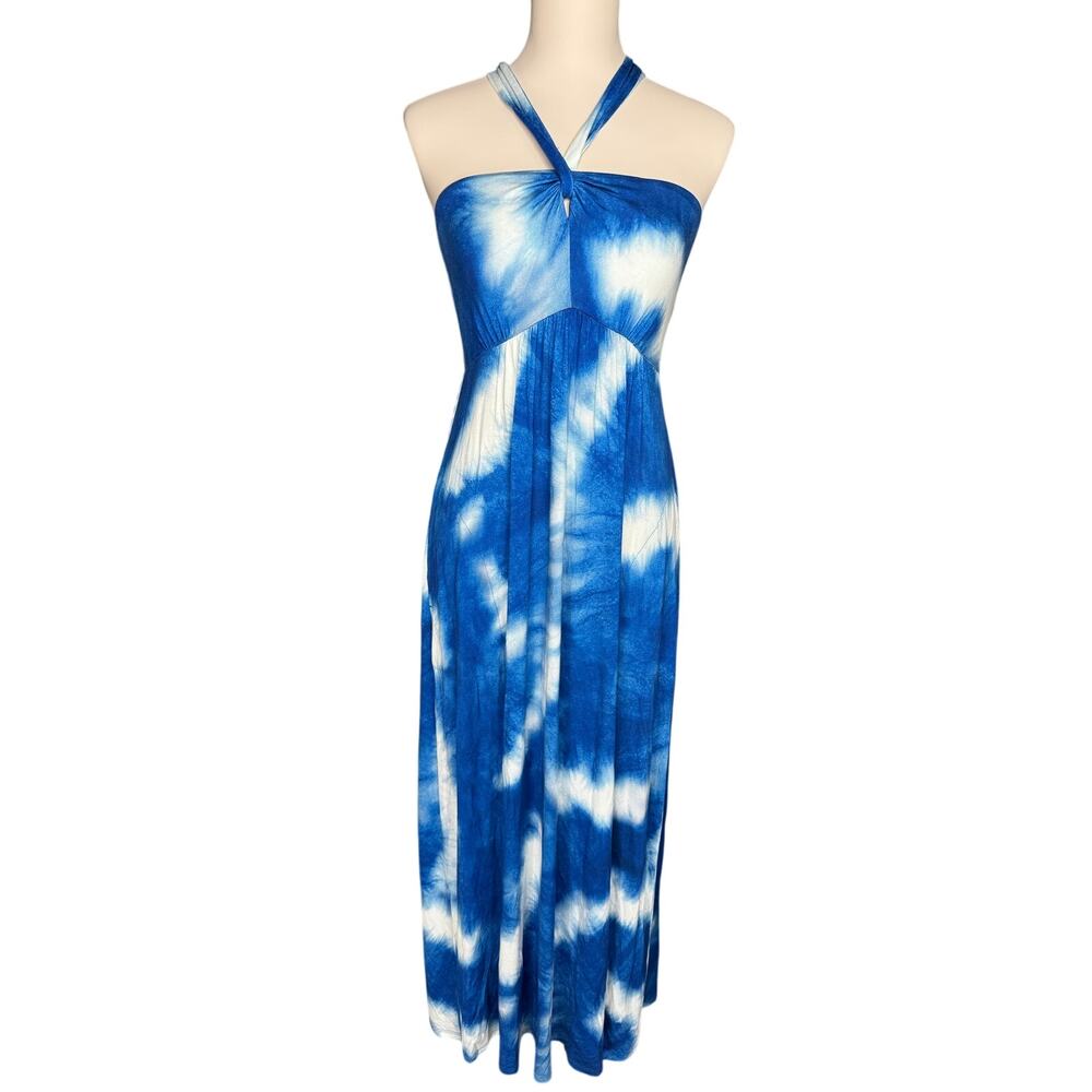 Chico’s Blue White Tie Dye Halter Maxi Dress Built In Bra Pockets Small